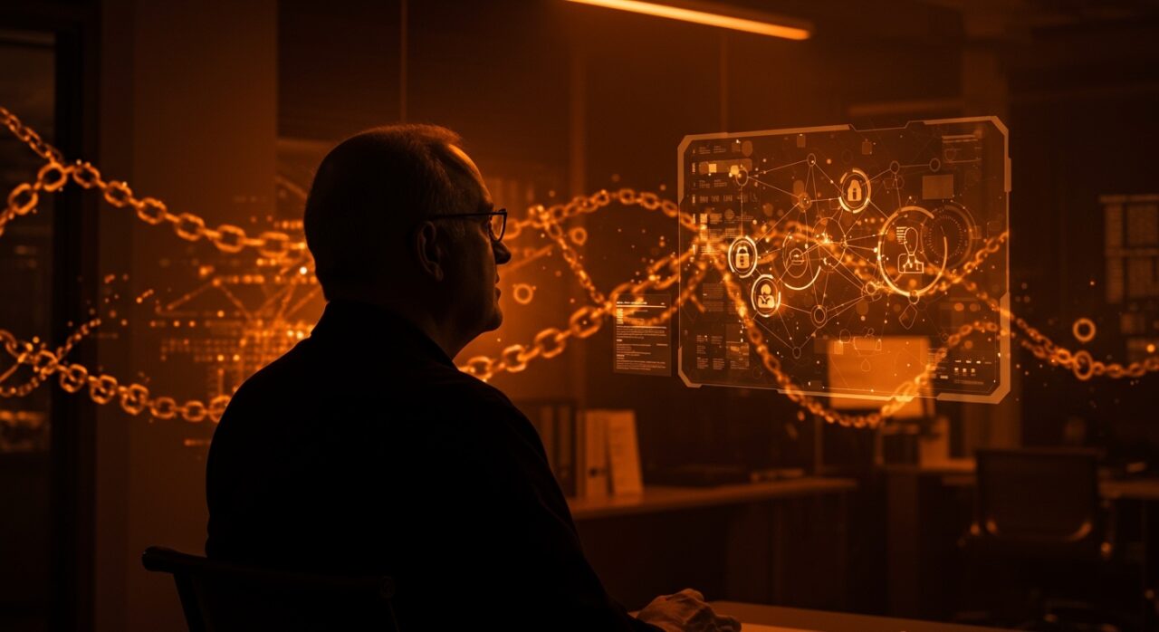 Bruce Schneier analizando la confianza y regulación en inteligencia artificial con metáforas visuales de redes neuronales y traición digital en tonos naranja y negro.