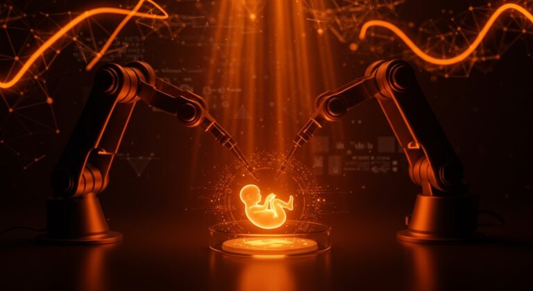 Robótica e inteligencia artificial automatizando la fertilización in vitro en un laboratorio biotecnológico innovador.