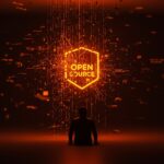 Impacto de la IA generativa en el desarrollo y mantenimiento del código open source con simbolismo visual de código fragmentado y redes neuronales.