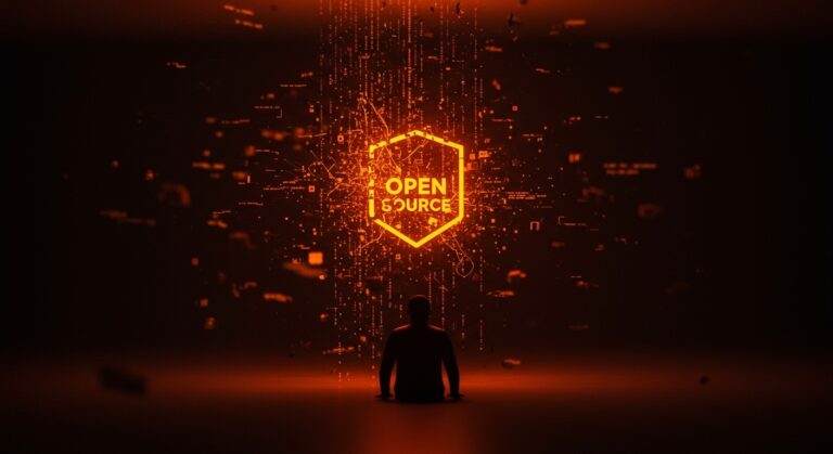 Impacto de la IA generativa en el desarrollo y mantenimiento del código open source con simbolismo visual de código fragmentado y redes neuronales.