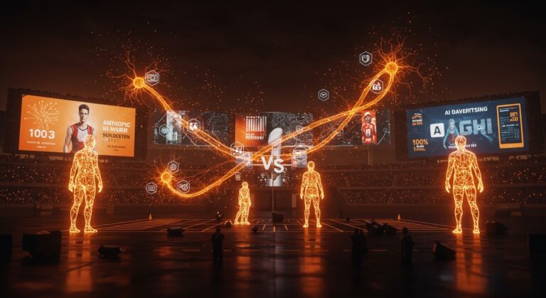Análisis visual de anuncios generados con IA en el Super Bowl LX, destacando la guerra tecnológica entre Anthropic y OpenAI en publicidad digital.