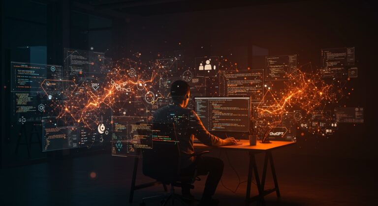 Impacto de la inteligencia artificial en programación y desarrollo de software representado con un programador y elementos visuales abstractos de IA y automatización en tonos naranja y negro.