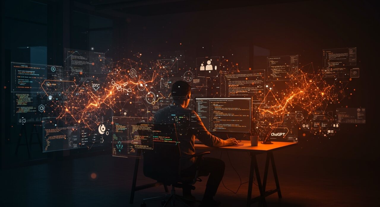 Impacto de la inteligencia artificial en programación y desarrollo de software representado con un programador y elementos visuales abstractos de IA y automatización en tonos naranja y negro.