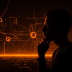 Fundador de startup tecnológica contemplando la ética en inteligencia artificial bajo presiones gubernamentales, representado con redes neuronales y luces naranjas en un ambiente oscuro.