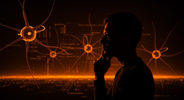 Fundador de startup tecnológica contemplando la ética en inteligencia artificial bajo presiones gubernamentales, representado con redes neuronales y luces naranjas en un ambiente oscuro.