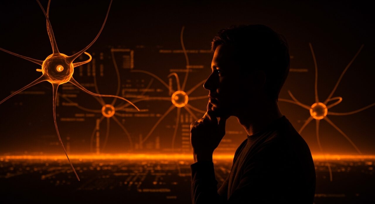 Fundador de startup tecnológica contemplando la ética en inteligencia artificial bajo presiones gubernamentales, representado con redes neuronales y luces naranjas en un ambiente oscuro.