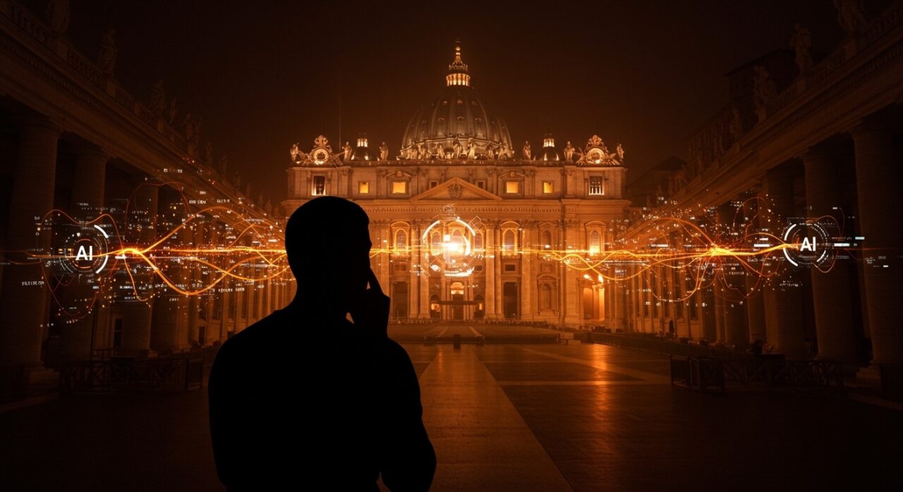 Fundador tecnológico reflexionando sobre ética en inteligencia artificial con contexto del Vaticano y automatización estratégica.