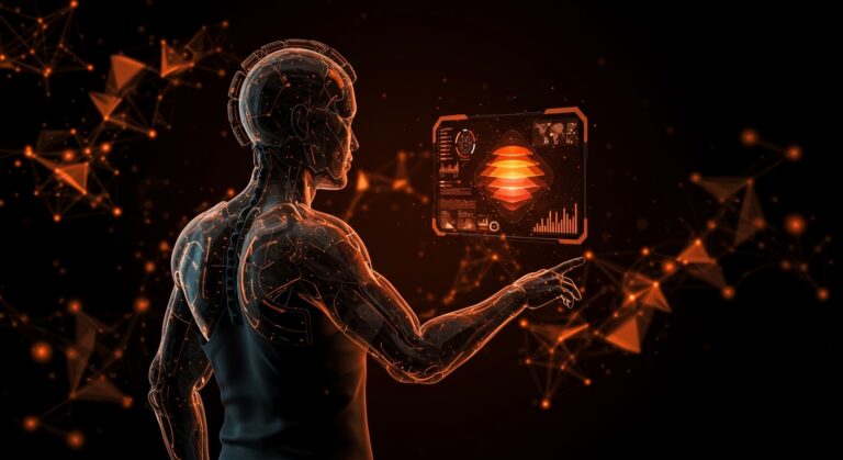 Startup founder con exoesqueleto cognitivo interactuando con niveles de inteligencia artificial para amplificación y automatización en startups.