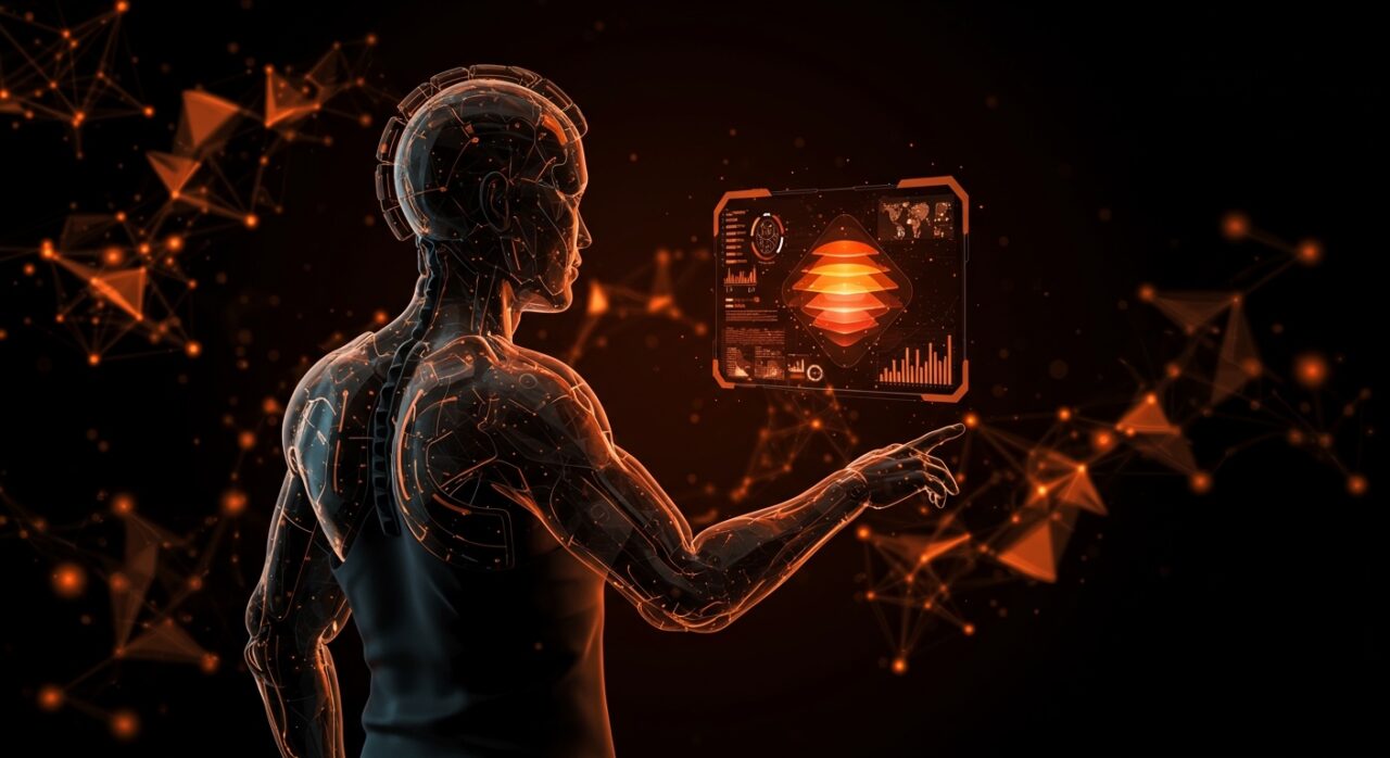 Startup founder con exoesqueleto cognitivo interactuando con niveles de inteligencia artificial para amplificación y automatización en startups.