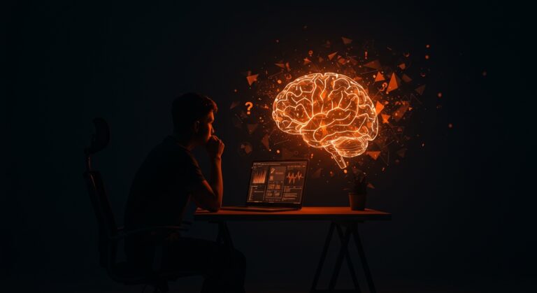 Fundador reflexionando frente a un holograma de inteligencia artificial fragmentada, representando el fatalismo y retos éticos en startups de IA.
