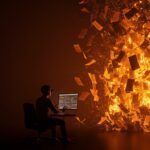 Investigador frente a cascada digital de papers generados por IA, simbolizando la automatización científica y el impacto en startups.