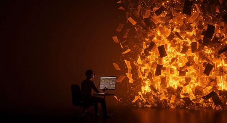 Investigador frente a cascada digital de papers generados por IA, simbolizando la automatización científica y el impacto en startups.