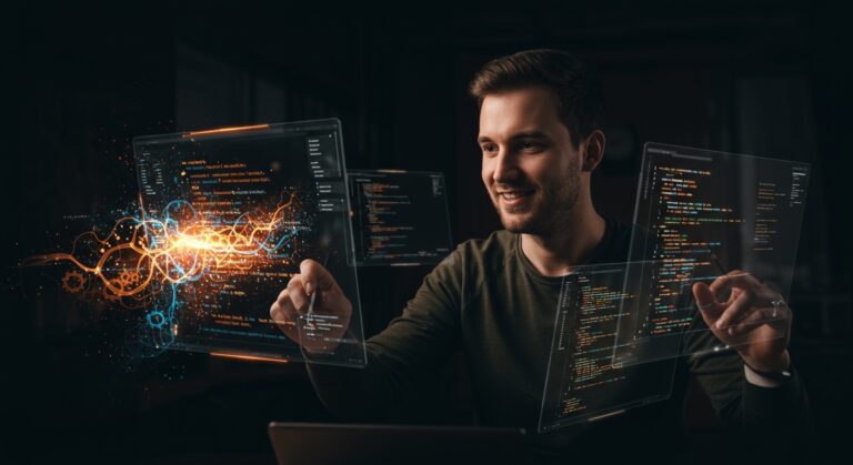 Desarrollador disfrutando la programación potenciada con inteligencia artificial y automatización en desarrollo software.