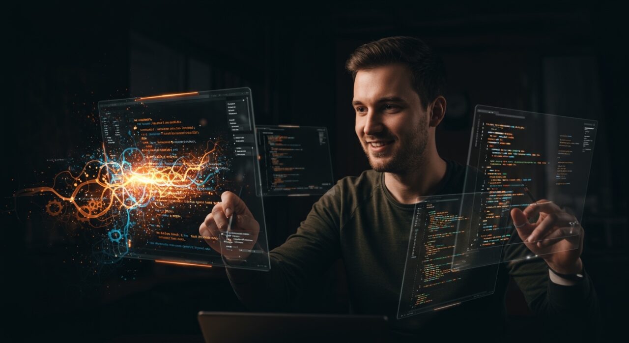 Desarrollador disfrutando la programación potenciada con inteligencia artificial y automatización en desarrollo software.
