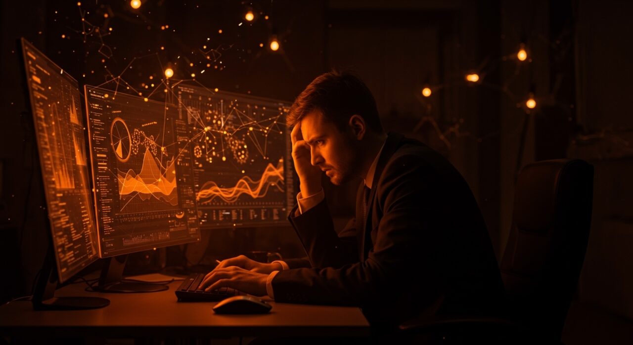 Profesional bajo estrés laboral debido a la inteligencia artificial, ilustrando aumento de carga laboral y burnout tecnológico en startups.