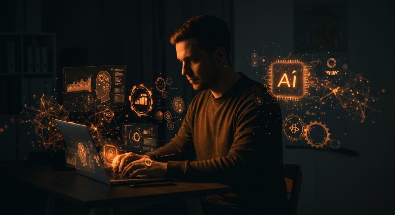 Founder tecnológico mejorando su productividad con inteligencia artificial y automatización en startups tecnológicas.