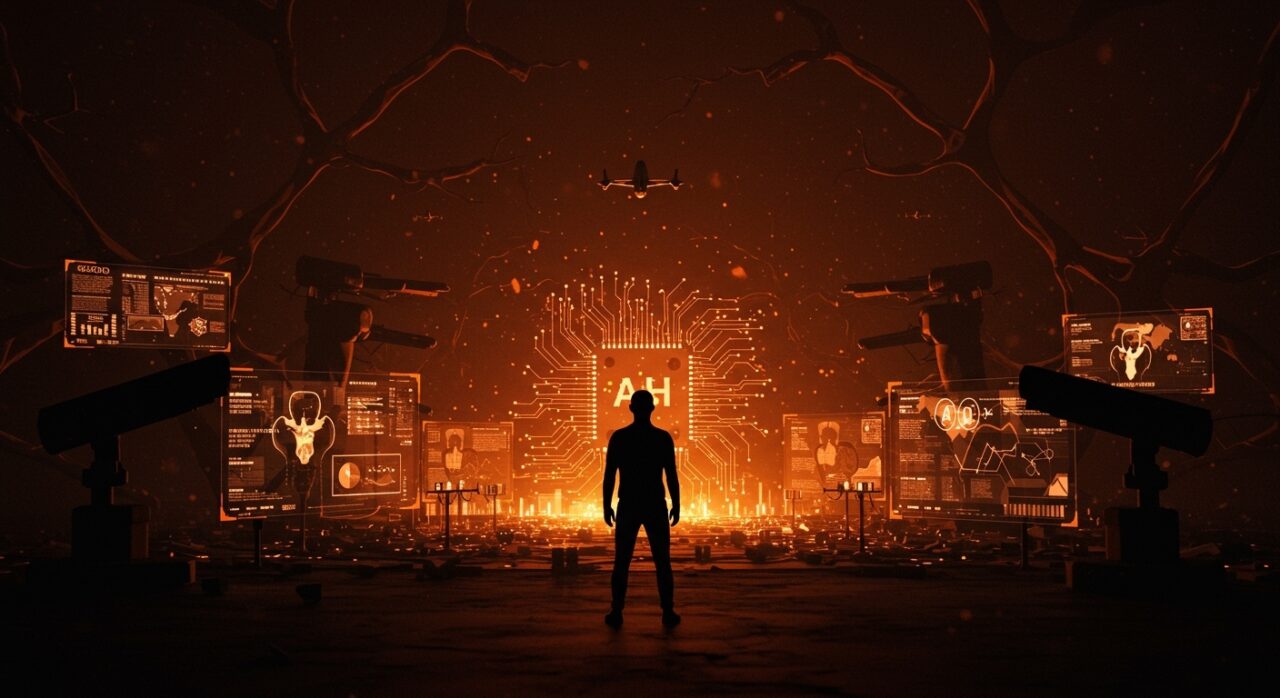 Debate crítico sobre IA militar, regulación y ética tecnológica en el ecosistema startup representado con fundador tech y metáforas digitales.