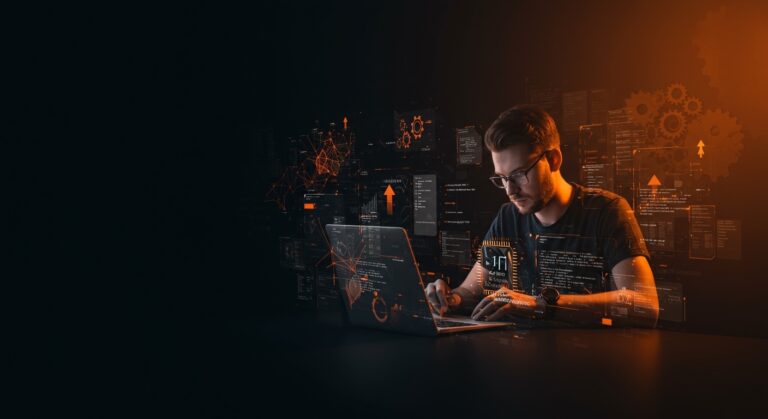 Desarrollador usando IA para programar con GitHub Copilot, destacando productividad y automatización en desarrollo de software.