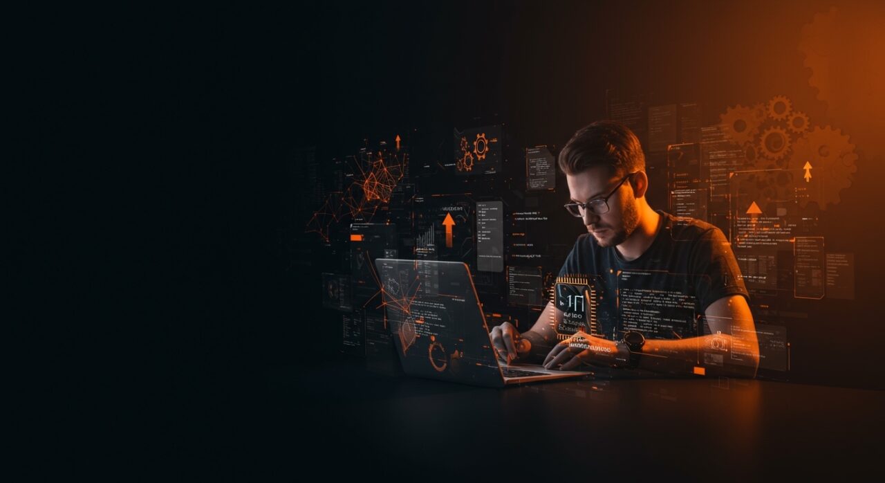 Desarrollador usando IA para programar con GitHub Copilot, destacando productividad y automatización en desarrollo de software.