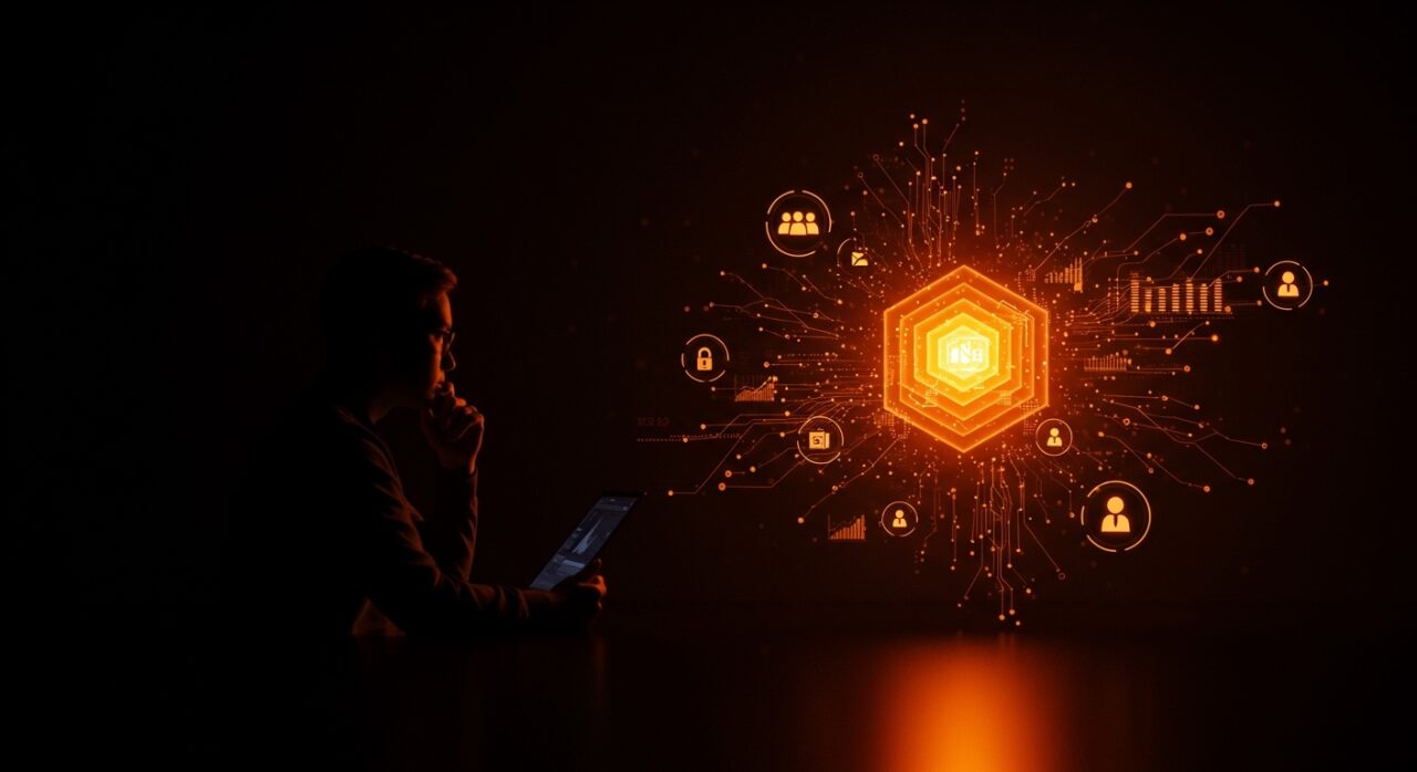 Emprendedor analizando redes neuronales y gráficos digitales que representan la precisión incompleta de la IA en inteligencia artificial empresarial.