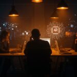 Equipo tecnológico de startup enfrentando burnout y gestión de productividad con inteligencia artificial en ambiente laboral moderno.