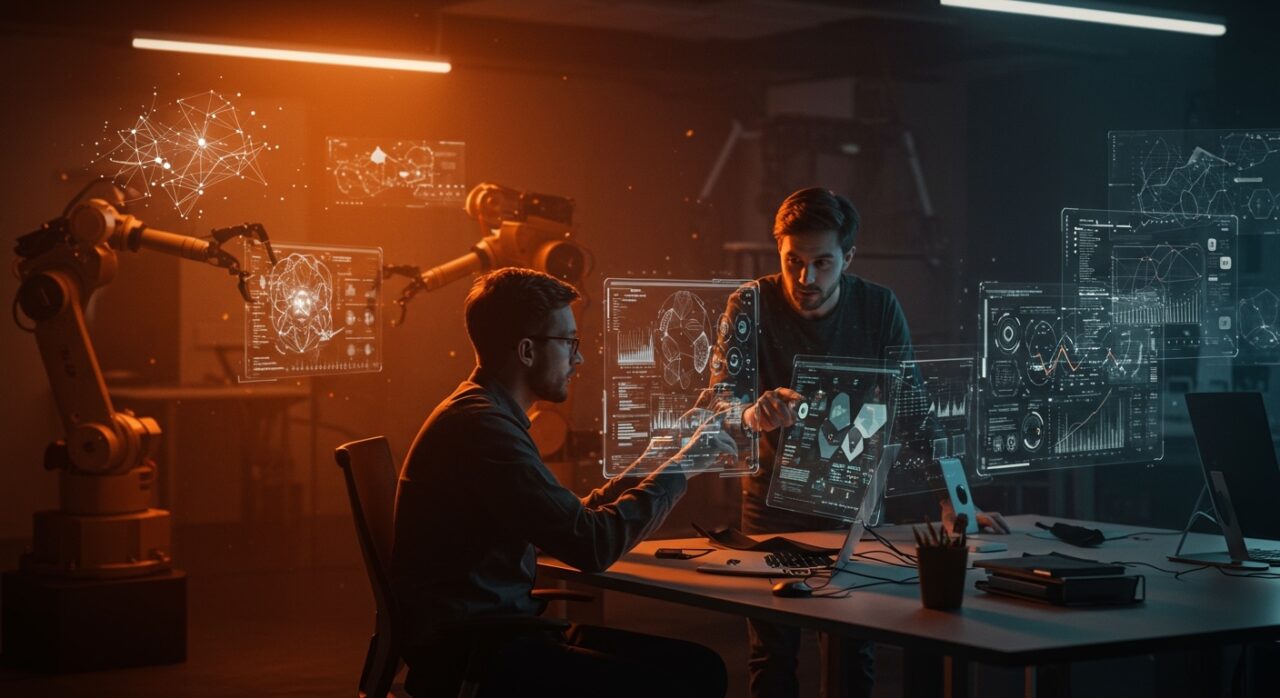 CEOs tech explicando cómo la inteligencia artificial automatiza tareas repetitivas sin eliminar roles humanos en startups.