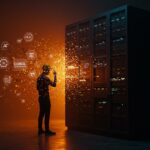 Imagen conceptual de la modernización fallida de mainframes de IBM, mostrando código COBOL y herramientas de IA para migración en un entorno tecnológico con luces naranja y negro.