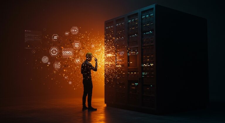 Imagen conceptual de la modernización fallida de mainframes de IBM, mostrando código COBOL y herramientas de IA para migración en un entorno tecnológico con luces naranja y negro.