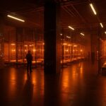 Mega centros de detención de ICE iluminados en paleta naranja y negro, destacando la inversión en infraestructura, automatización y seguridad en tecnología B2G.