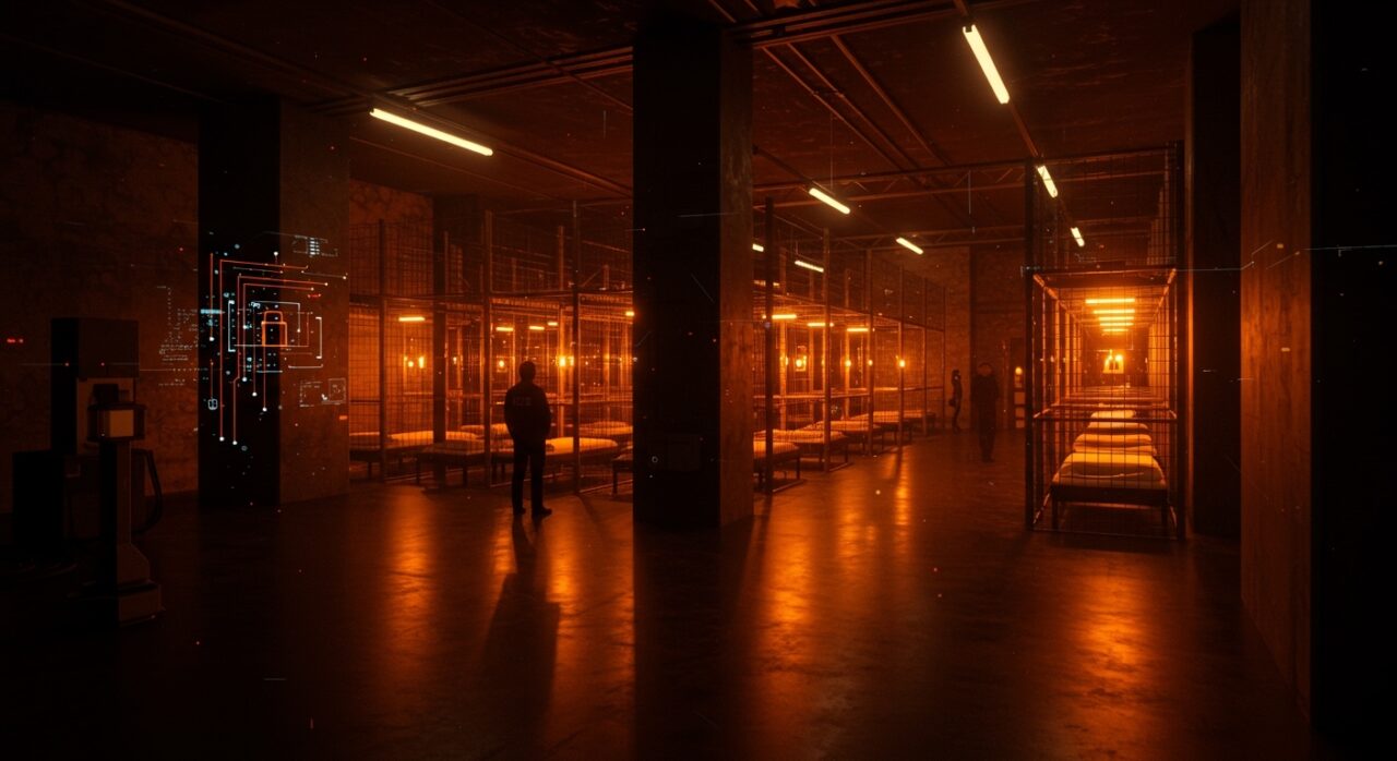 Mega centros de detención de ICE iluminados en paleta naranja y negro, destacando la inversión en infraestructura, automatización y seguridad en tecnología B2G.