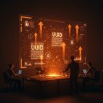 Equipo de startup tecnológica colaborando con holograma de UUID y sistemas escalables en arquitectura SaaS e IoT, destacando identificadores únicos y seguridad digital.