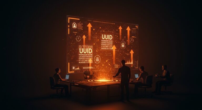 Equipo de startup tecnológica colaborando con holograma de UUID y sistemas escalables en arquitectura SaaS e IoT, destacando identificadores únicos y seguridad digital.