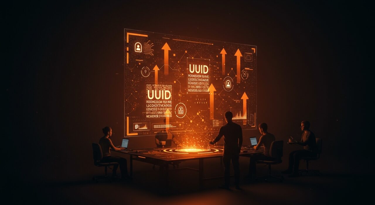 Equipo de startup tecnológica colaborando con holograma de UUID y sistemas escalables en arquitectura SaaS e IoT, destacando identificadores únicos y seguridad digital.