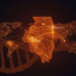 Mapa digital de Illinois conectado a la red global de salud de la OMS GOARN con símbolos de vigilancia epidemiológica y secuenciación genética en salud pública.