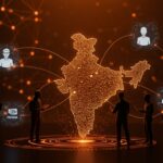 Líderes de Big Tech colaborando en una visualización holográfica de inteligencia artificial en India durante el India AI Summit 2026, destacando innovación tecnológica y ecosistema startup.