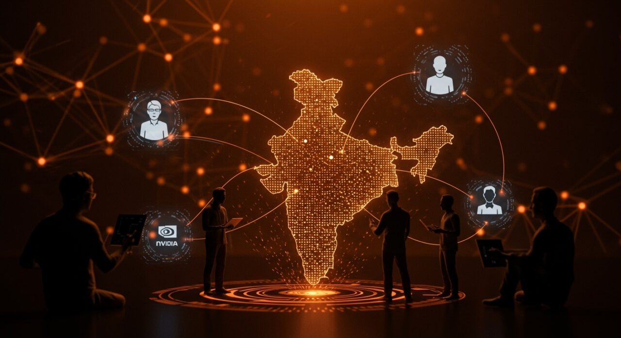 Líderes de Big Tech colaborando en una visualización holográfica de inteligencia artificial en India durante el India AI Summit 2026, destacando innovación tecnológica y ecosistema startup.