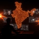 Regulación tecnológica en India para eliminación rápida de deepfakes en redes sociales, con iconografía de inteligencia artificial y moderación digital.