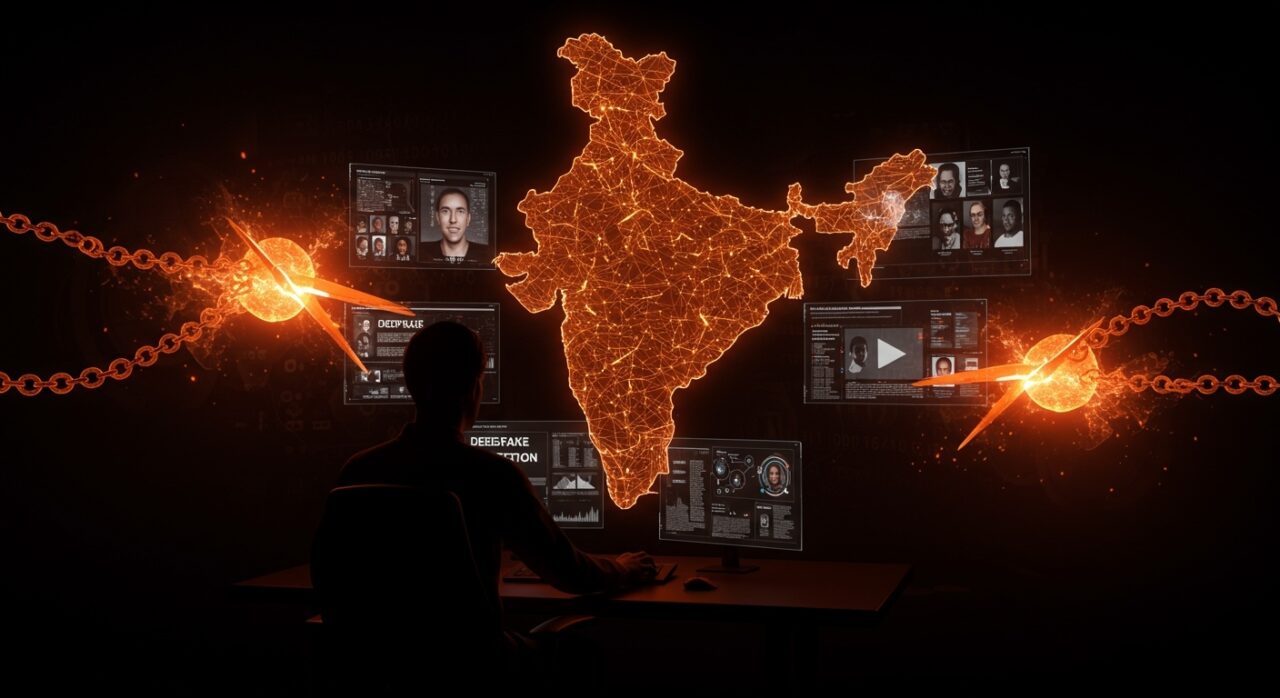 Regulación tecnológica en India para eliminación rápida de deepfakes en redes sociales, con iconografía de inteligencia artificial y moderación digital.