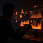 Founder de fintech analizando señales de alerta de fraude tecnológico en el ecosistema startup con gráficos digitales en tonos naranja y negro.