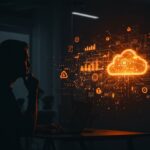 Fundador tecnológico analizando infraestructura cloud con metáforas visuales de escalabilidad, IA y señales de alerta para startups.