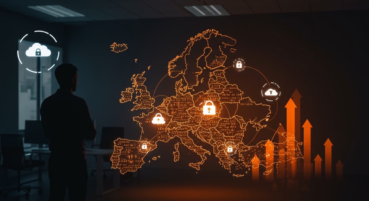Founder europeo frente a un mapa digital de Europa con nodos de datos y símbolos de GDPR, reflejando infraestructura tecnológica y soberanía de datos para startups.