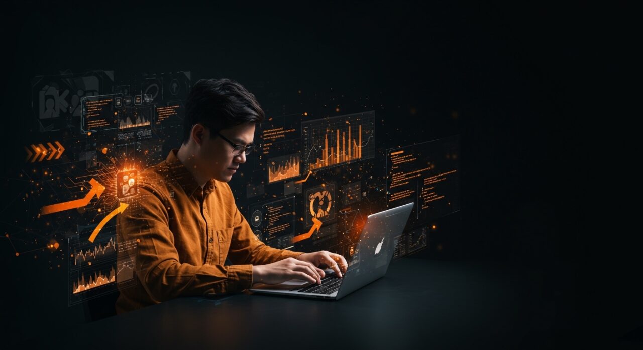 Ingeniero desarrollando rápidamente un SaaS con gobernanza técnica segura y automatización en una plataforma de datos innovadora.