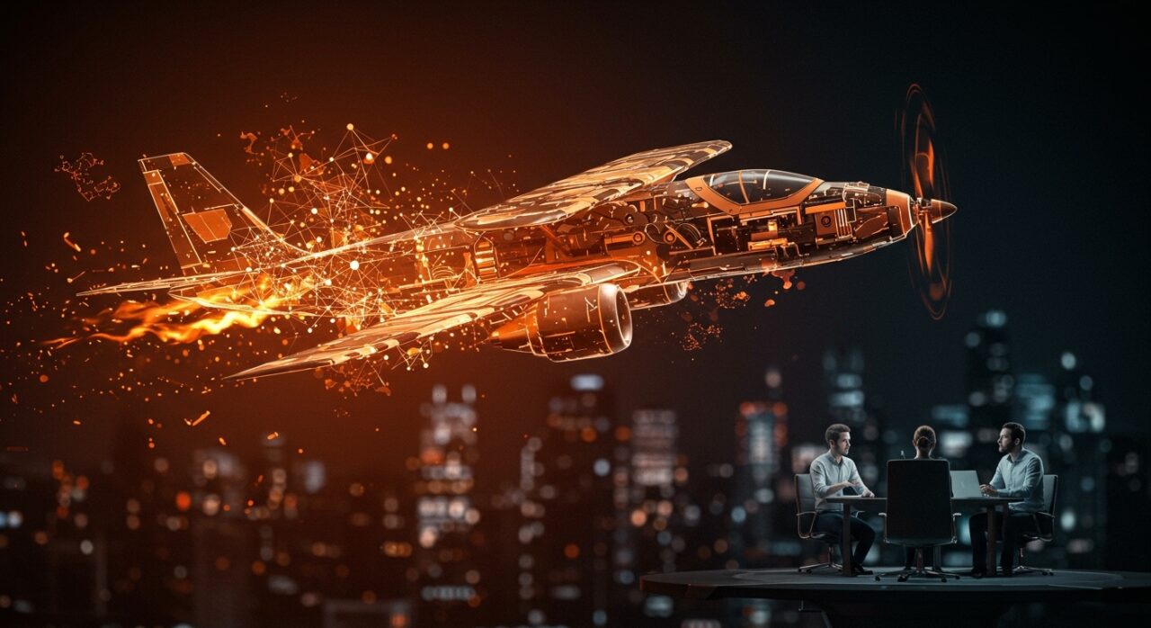 Innovación radical en inteligencia artificial representada por un avión batiente digital sobre un paisaje tecnológico con emprendedores discutiendo estrategias.