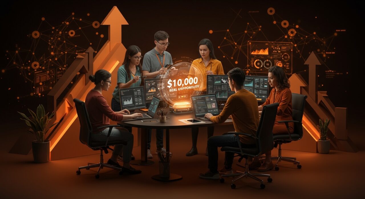 Startup B2B colaborando en un espacio digital innovador con visuales de analítica y pagos, destacando convocatoria INNPACTA 2026 y premio de US$10.000.