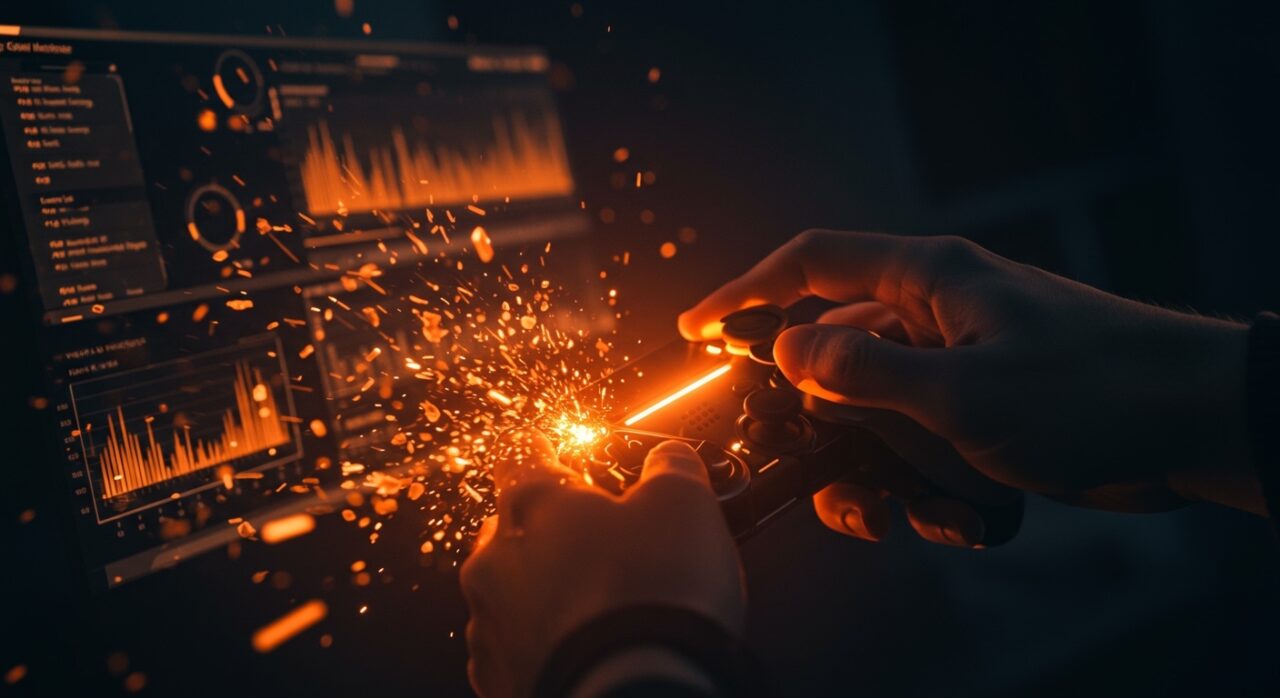 Manos de gamer con controlador futurista mostrando la optimización del input lag gaming y latencia en tecnología de videojuegos.