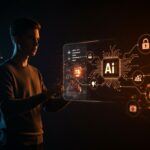 Fundador de startup interactuando con interfaz de autorización segura en IA autónoma, representando seguridad y compliance en automatización de inteligencia artificial.