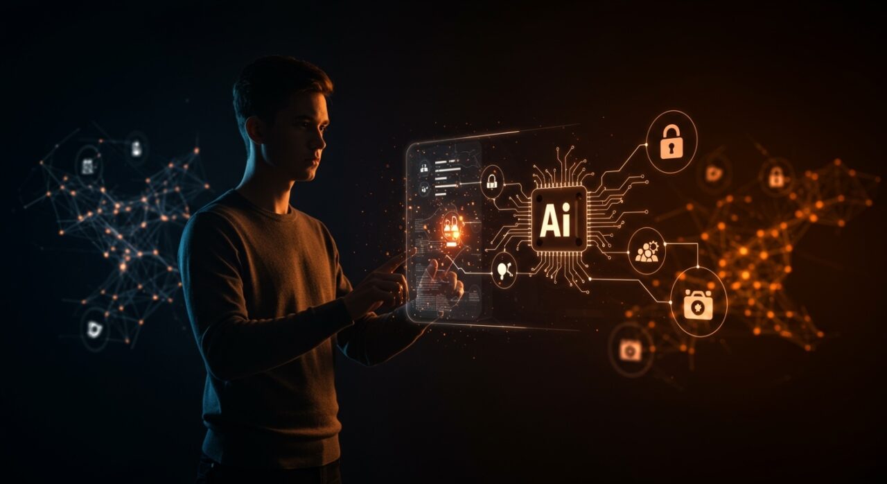 Fundador de startup interactuando con interfaz de autorización segura en IA autónoma, representando seguridad y compliance en automatización de inteligencia artificial.