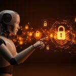 Interfaz digital segura para IA autónoma ilustrando autorización avanzada y control granular en startups tecnológicas.