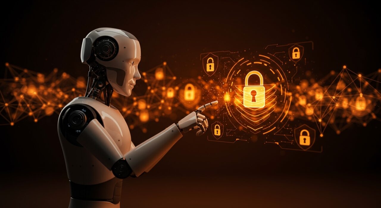 Interfaz digital segura para IA autónoma ilustrando autorización avanzada y control granular en startups tecnológicas.