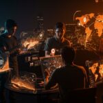 Internacionalización de startups colombianas mostrando emprendedores trabajando con mapas digitales y rutas de expansión global en ecosistema tech latinoamericano.